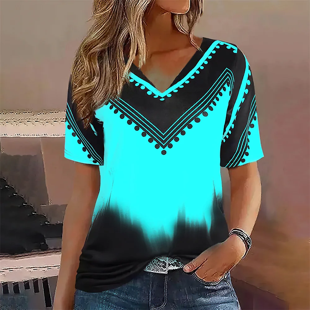 Fashion Women T Shirt Stripes Print Gradient V Neck Short Sleeve Basic Tops Streetwear Summer Oversized Clothing Female T-Shirts - Image 2