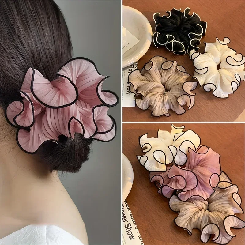 1/4Pcs New Korean Retro Folded Chiffon Oversize Scrunchies Women Sweet Temperament Fashion Exaggerated Hair Band Hair Accessorie - Image 3