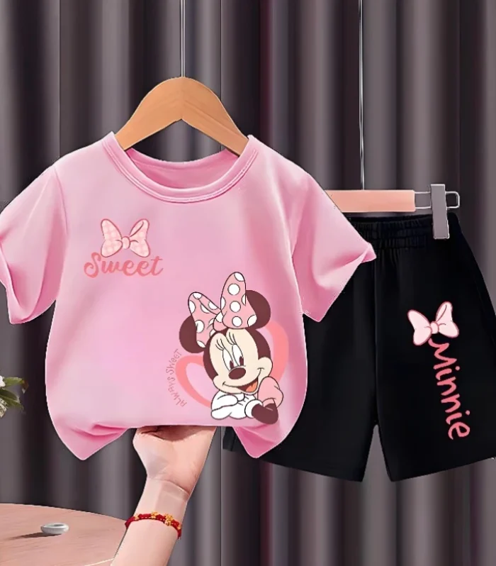 Children's T Shirt and Shorts Two Piece Set Girls O Neck Short Sleeve Top Suit Kids Casual Outfits Summer Breathable Shorts Sets