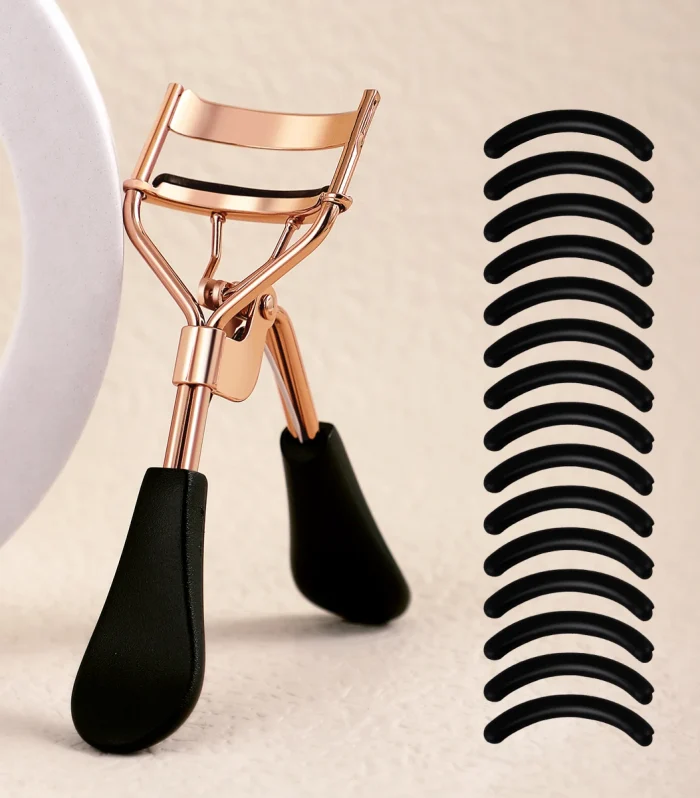 Portable Eyelash Curler with 15 Silicone Pads and Stainless Steel Eyelash Curler, Used for Eyelash Extension and Curling Tools