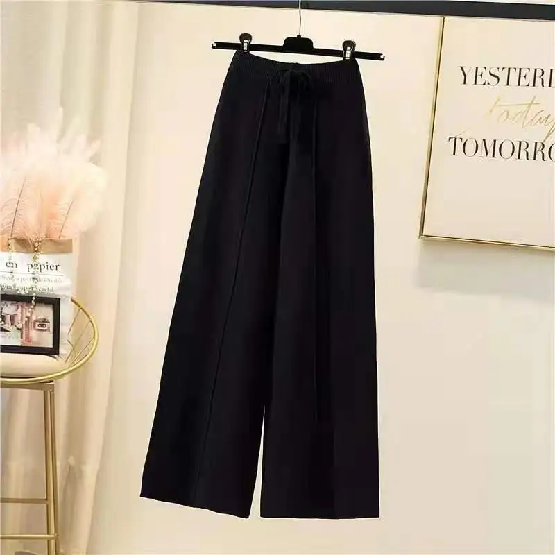 Knitted pants women spring and autumn high waist elastic drape drawstring loose casual mopping pants straight wide leg pants - Image 3