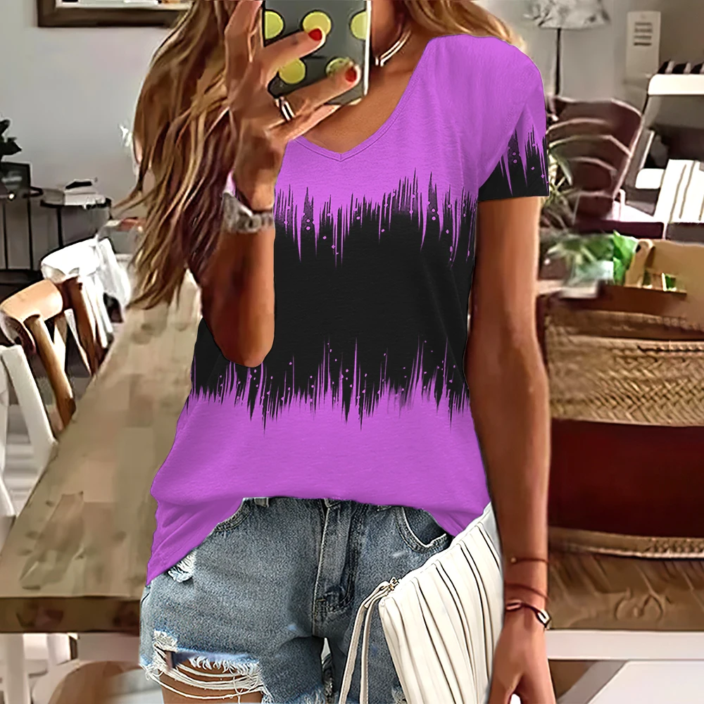 Fashion Women T Shirt Stripes Print Gradient V Neck Short Sleeve Basic Tops Streetwear Summer Oversized Clothing Female T-Shirts - Image 6