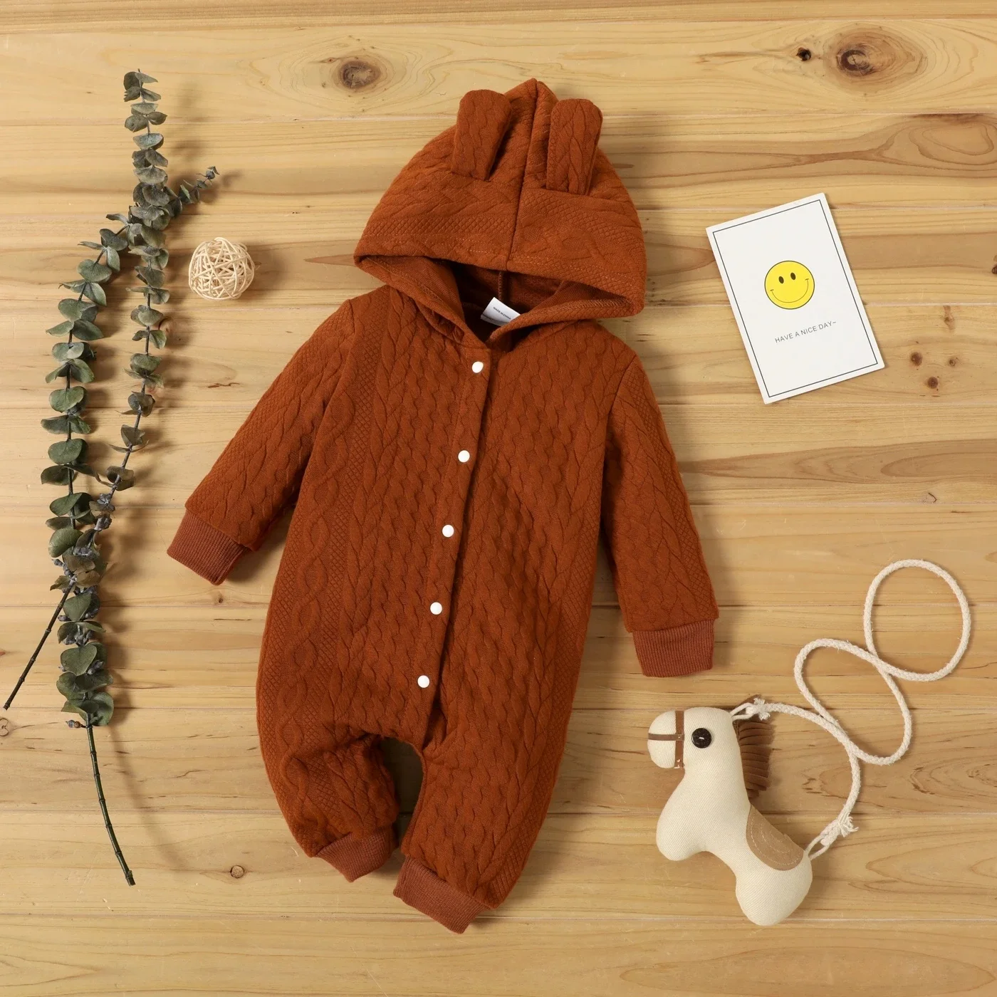 0-18 Month Newborn Baby Romper Boys Girls Cute Ears Solid Hooded Long Sleeve Baby Bodysuit Clothes Infant Autumn&Winter Costumes - Image 2