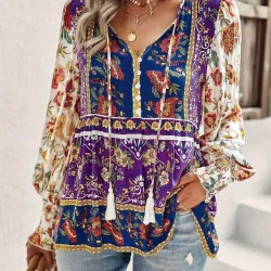 Plus Size 1XL-5XL New Autumn Women's Temperament Casual Printed V-neck Long-sleeved Loose Blouse Shirt Commuting Style Clothes