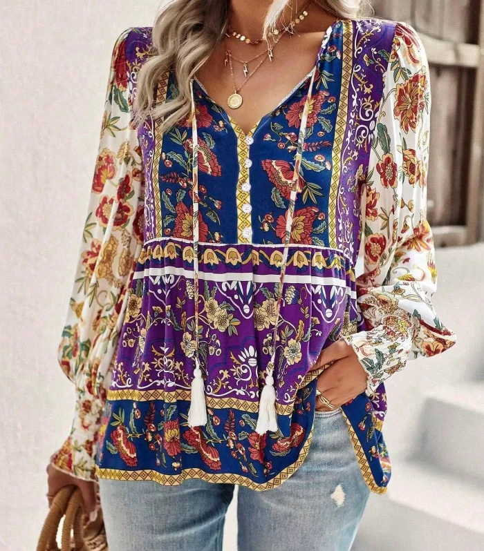 Plus Size 1XL-5XL New Autumn Women's Temperament Casual Printed V-neck Long-sleeved Loose Blouse Shirt Commuting Style Clothes