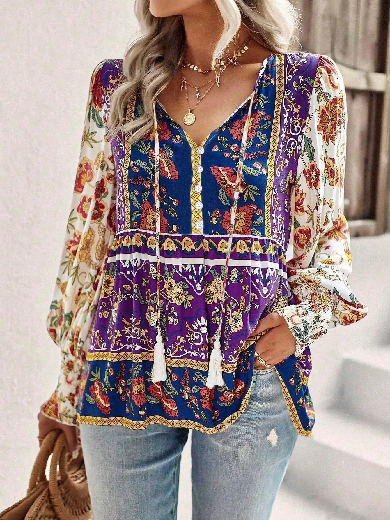 Plus Size 1XL-5XL New Autumn Women's Temperament Casual Printed V-neck Long-sleeved Loose Blouse Shirt Commuting Style Clothes