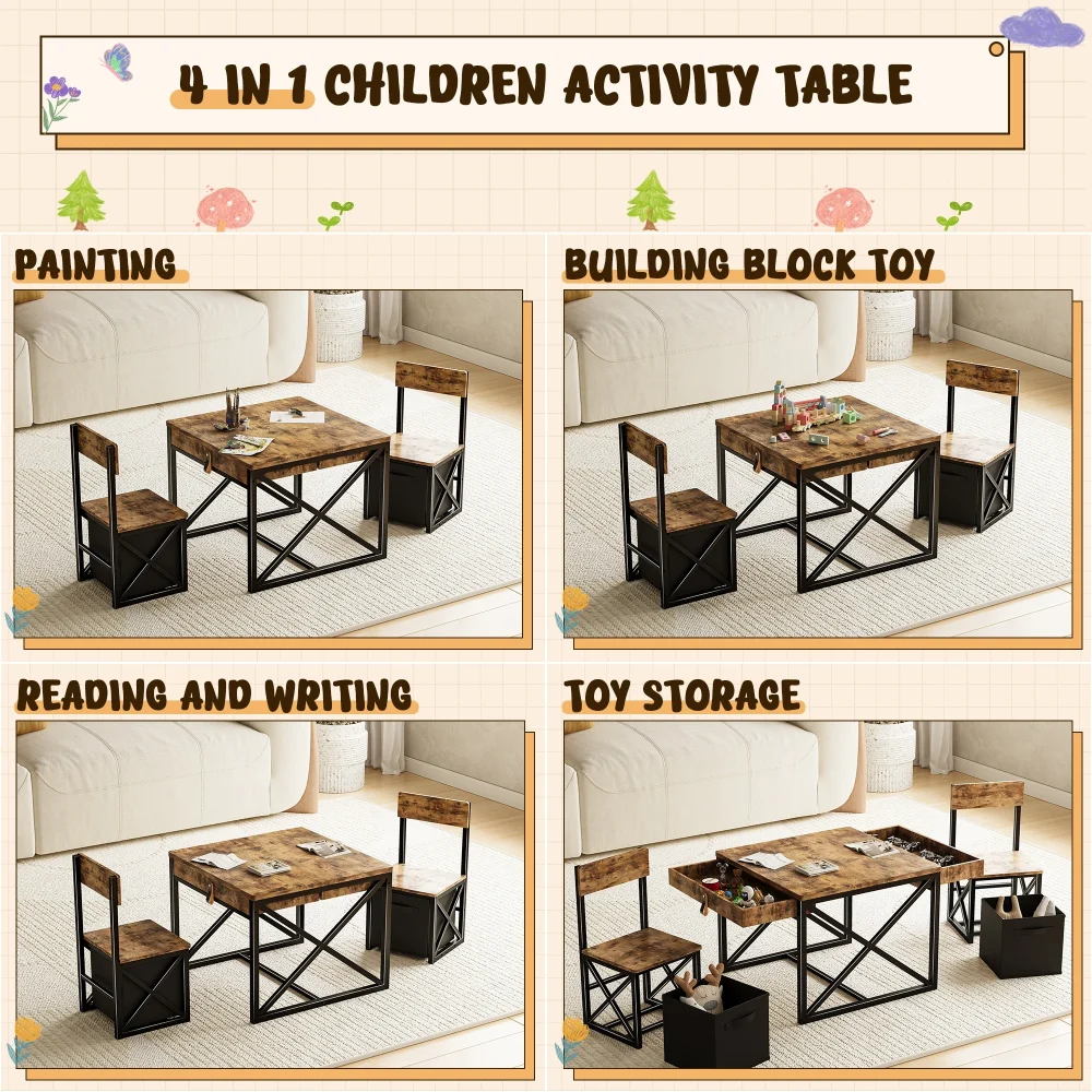 4-in-1 Kids Table and Chairs Set with Storage, Toddler Activity Desk for Crafts, Drawing, Reading – Ideal Children’s Furniture f - Image 2