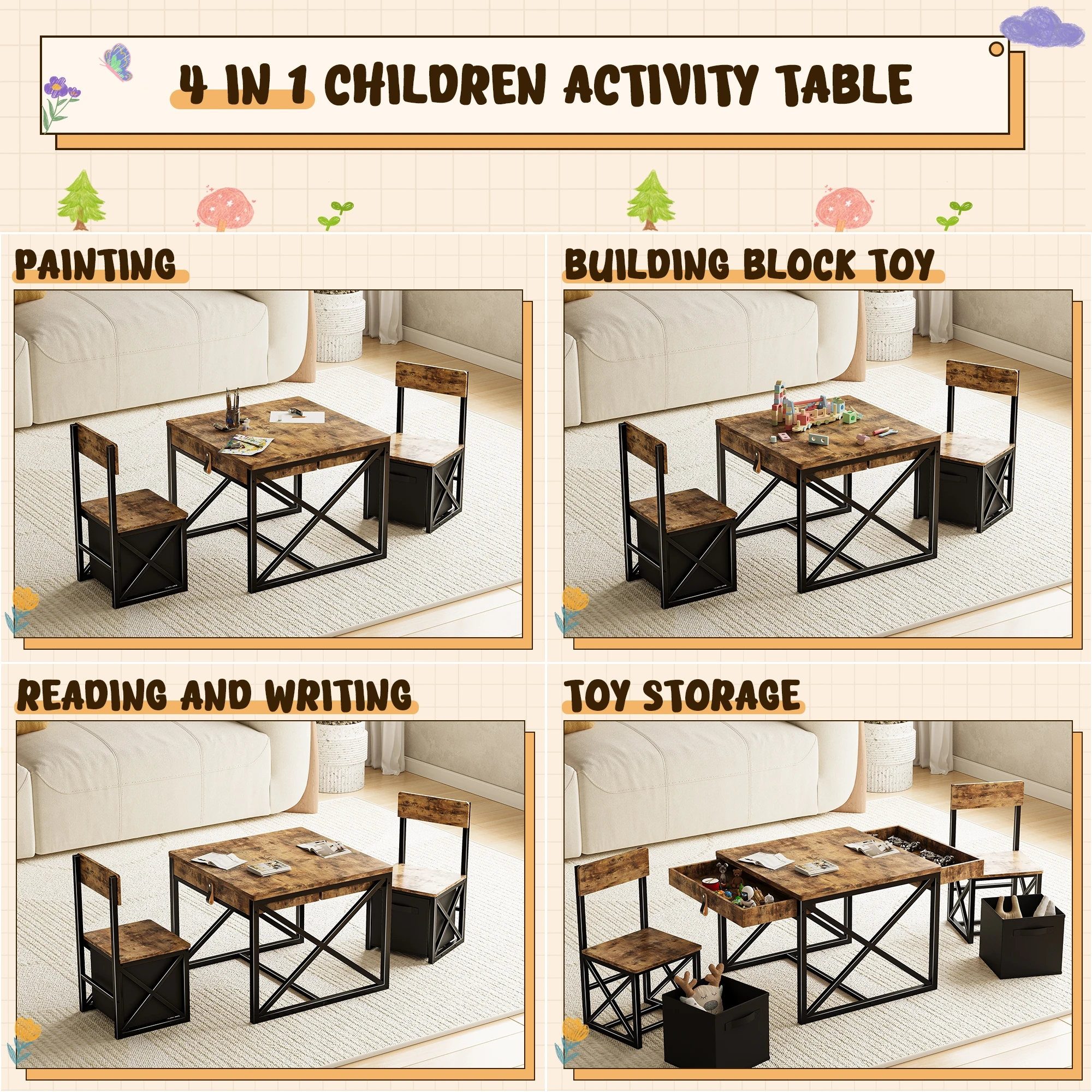 4-in-1 Kids Table and Chairs Set with Storage, Toddler Activity Desk for Crafts, Drawing, Reading – Ideal Children’s Furniture f - Image 2