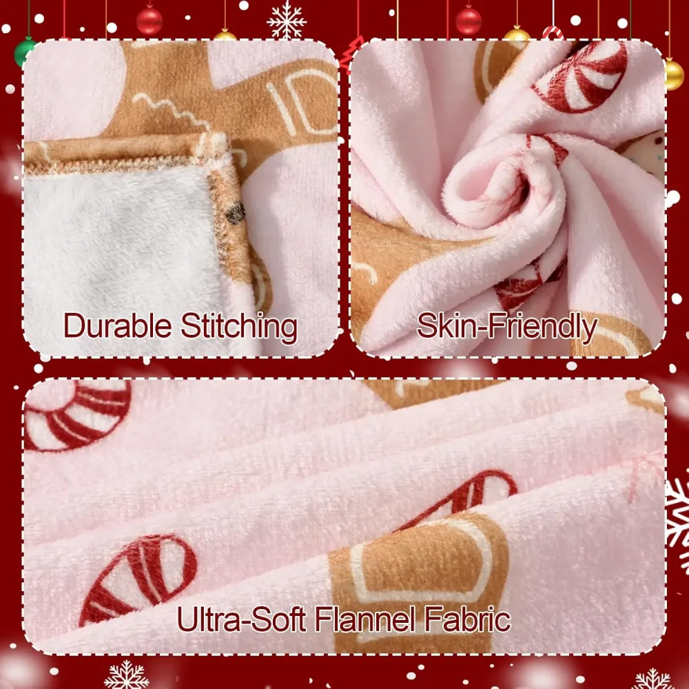 Pink Flannel Gingerbread Man Bed Blanket, Lightweight Cozy Christmas Blanket for Couch Sofa Bed Living Room Home Decor Gifts - Image 6