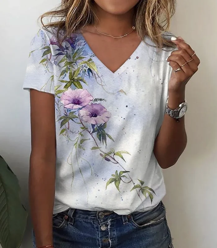 Fashion Flower Painting Pattern 3D Print T-Shirts Woman T Shirt V-Neck Oversized Casual Tees Tops Streetwear Women Y2K Clothing
