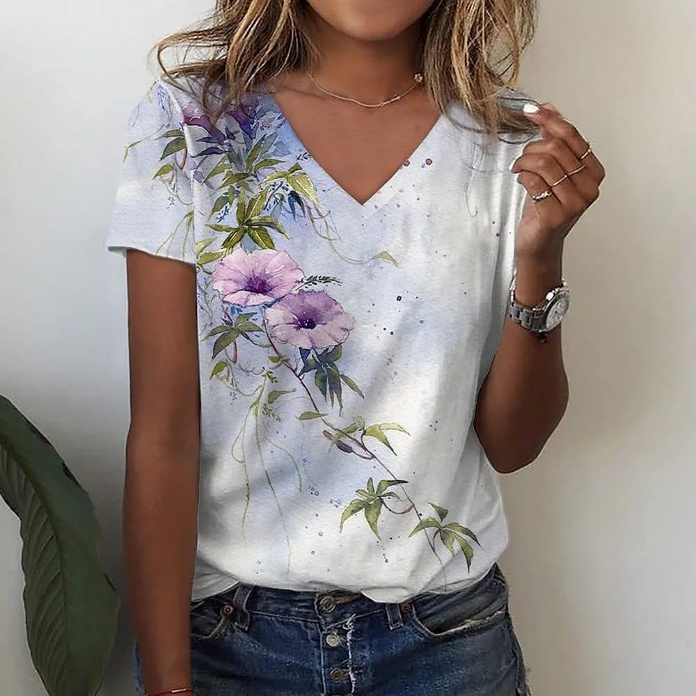 Fashion Flower Painting Pattern 3D Print T-Shirts Woman T Shirt V-Neck Oversized Casual Tees Tops Streetwear Women Y2K Clothing