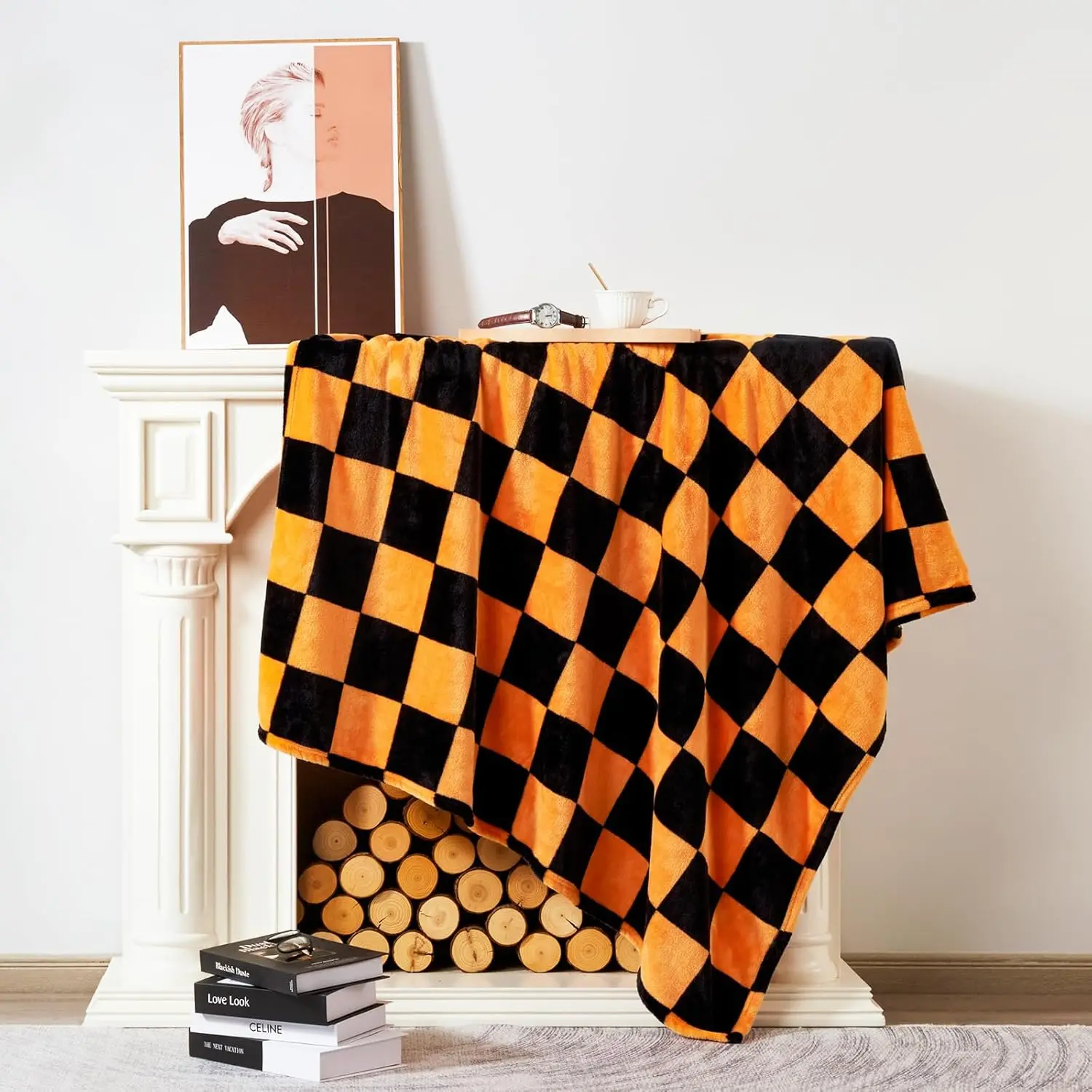 1PC Throw Checkerboard Black and Orange Flannel Blanket for Couch Bed Sofa Cozy Comfy Warm Halloween Decor for All Season - Image 3