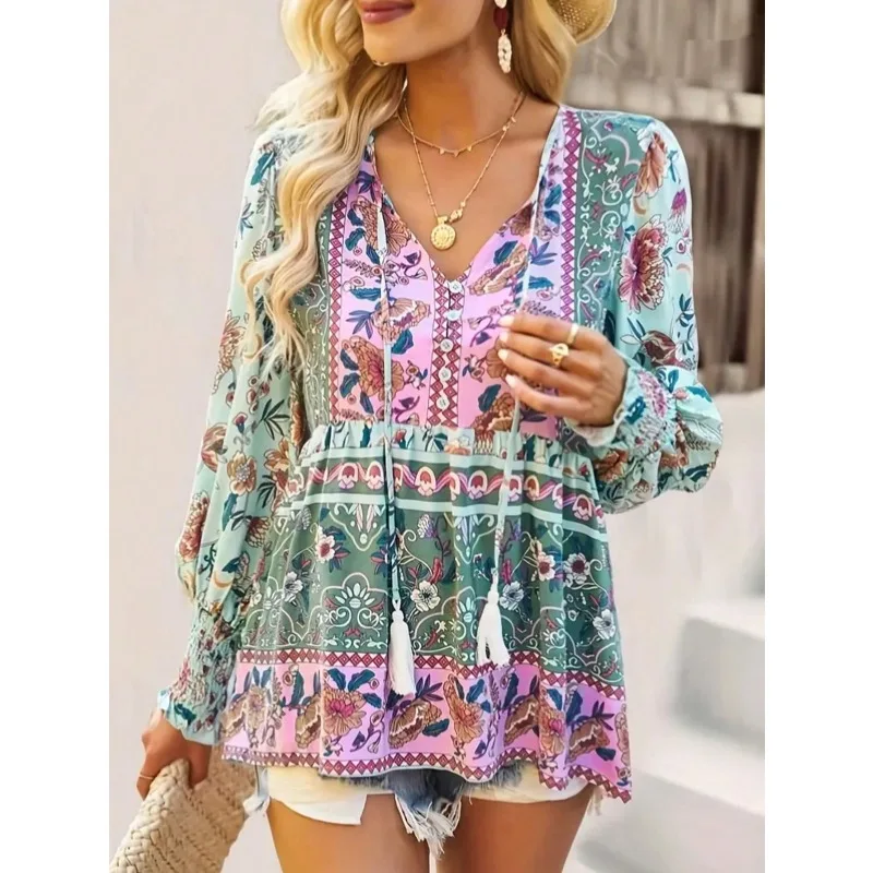 Plus Size 1XL-5XL New Autumn Women's Temperament Casual Printed V-neck Long-sleeved Loose Blouse Shirt Commuting Style Clothes - Image 3