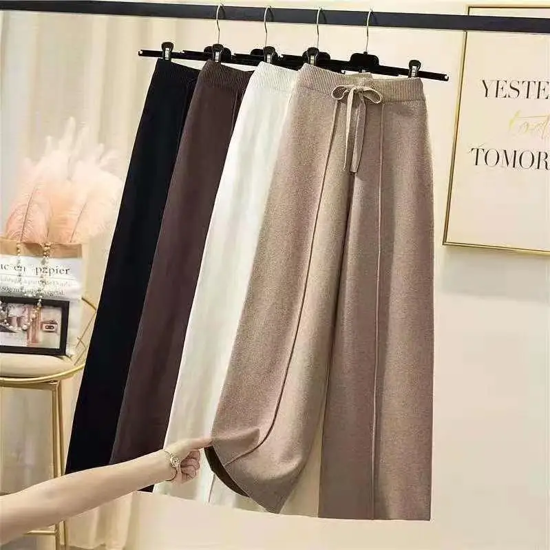 Knitted pants women spring and autumn high waist elastic drape drawstring loose casual mopping pants straight wide leg pants - Image 5