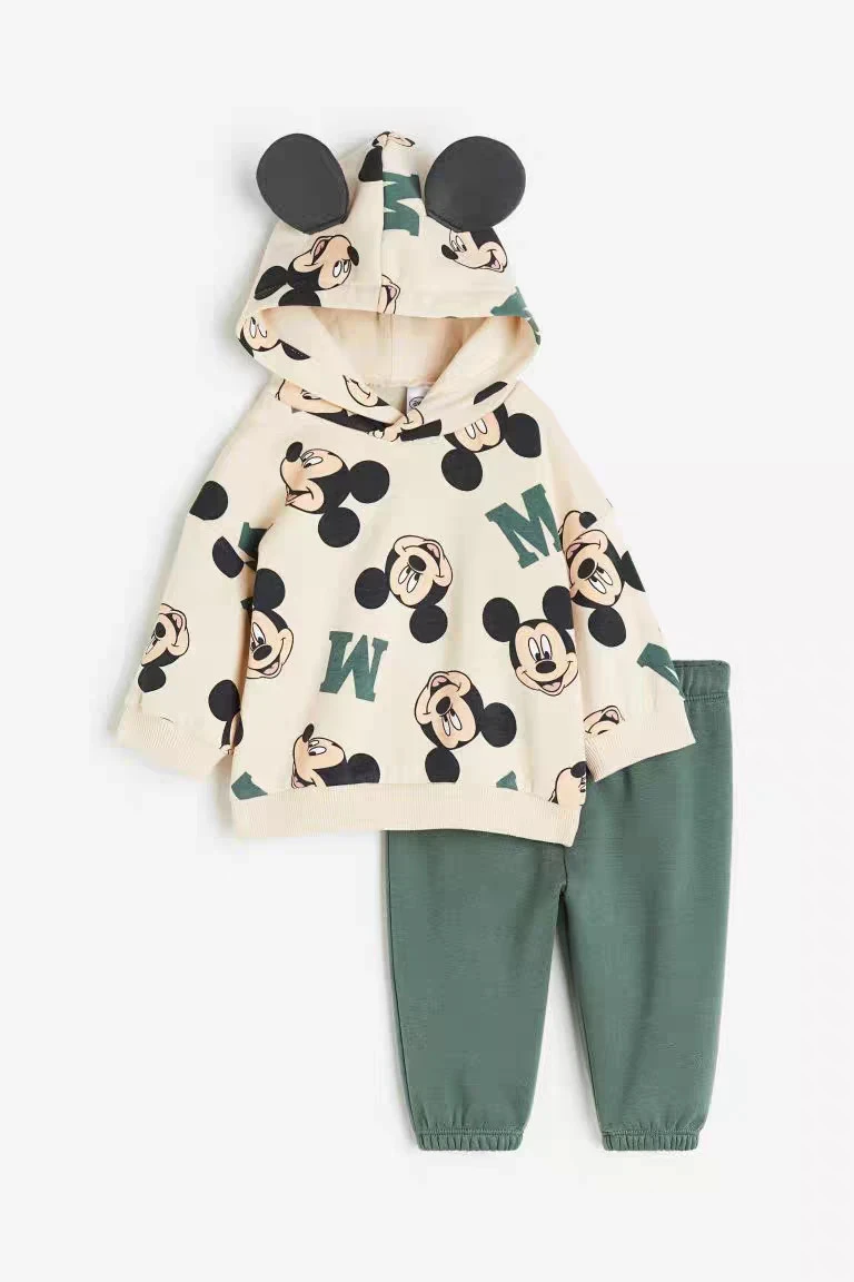Minnie And Mickey Full Print Hooded Tops Solid Color Leggings Two-piece New Children Cartoon Sweatshirt+Pants Baby Clothes Set - Image 2