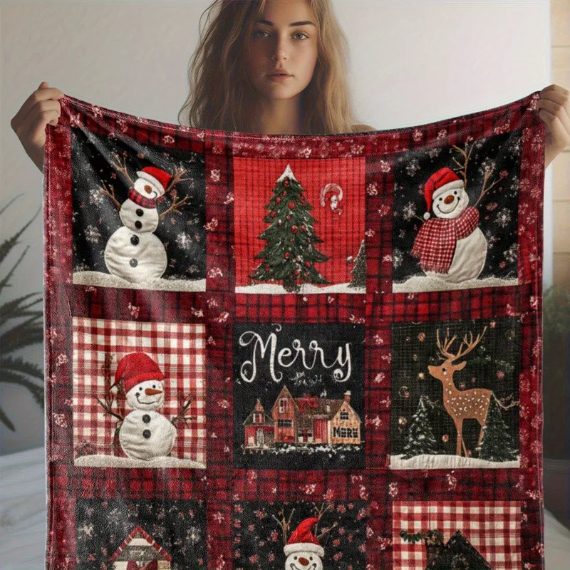 Comfortable Flannel Christmas Blanket with Checkered Snowman Ice House and Reindeer Offices and Versatile Gift for All Seasons - Image 3