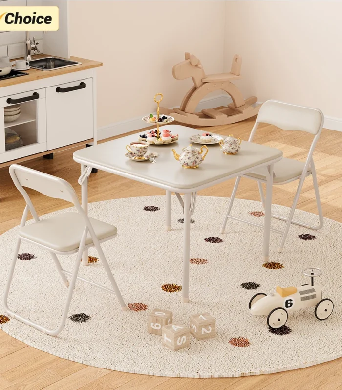 Boys and Girls Folding Table and Chairs Set of 3 Portable Table and Chair with PU Soft Cushion for Eating, Reading and Playing