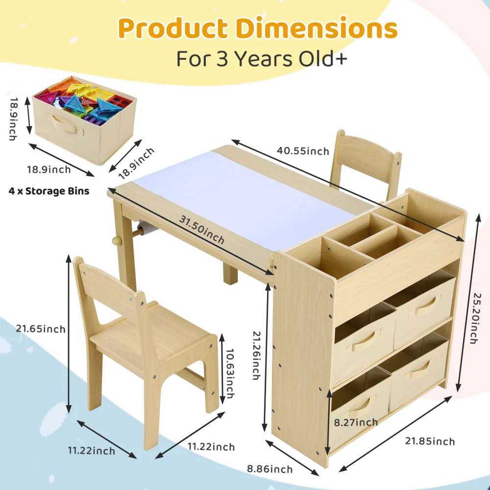 AOOU Kids Art Table and 2 Chairs, Toddler Craft Drawing Desk with Large Storage Shelves, 4 Storage Bins and Paper Roll - Image 4