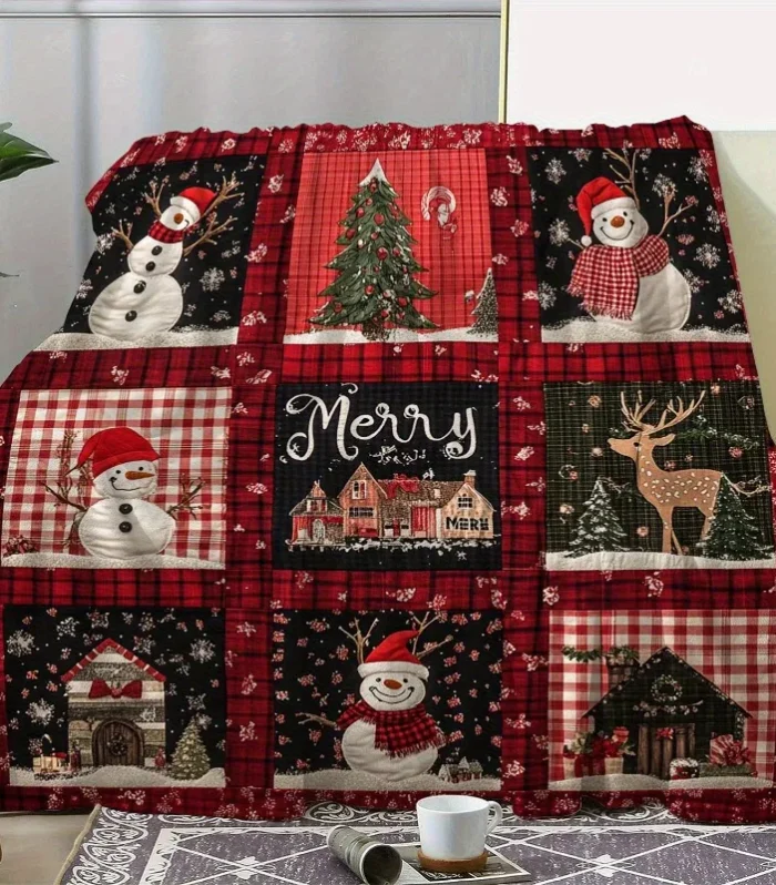 Comfortable Flannel Christmas Blanket with Checkered Snowman Ice House and Reindeer Offices and Versatile Gift for All Seasons