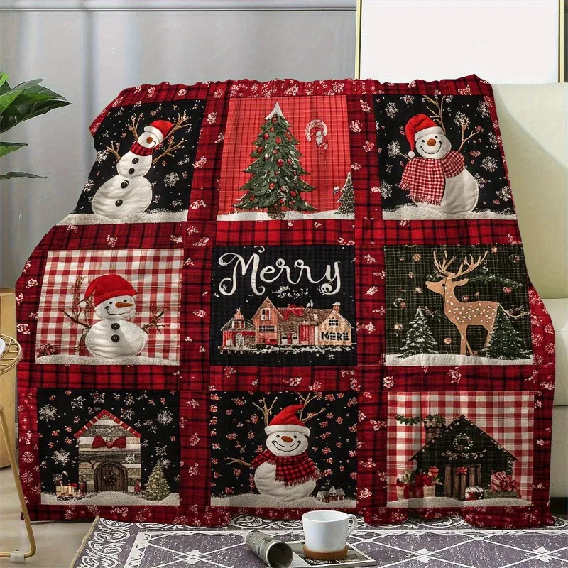 Comfortable Flannel Christmas Blanket with Checkered Snowman Ice House and Reindeer Offices and Versatile Gift for All Seasons