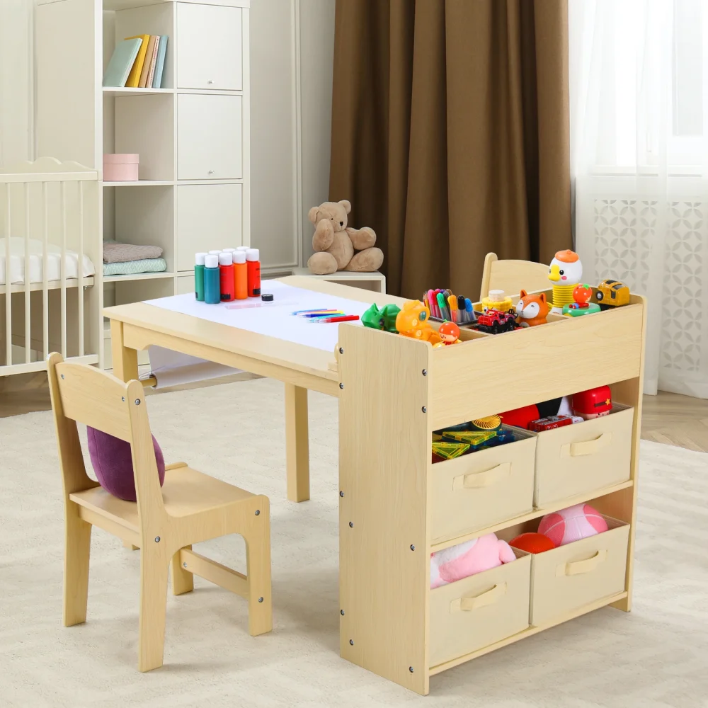 AOOU Kids Art Table and 2 Chairs, Toddler Craft Drawing Desk with Large Storage Shelves, 4 Storage Bins and Paper Roll - Image 3