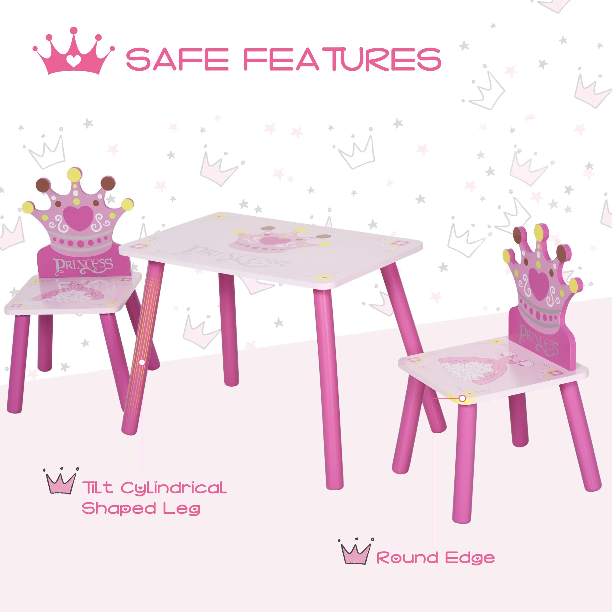 Triple Piece Collection Children's Wood Table Seat with Crown Pattern - Image 4