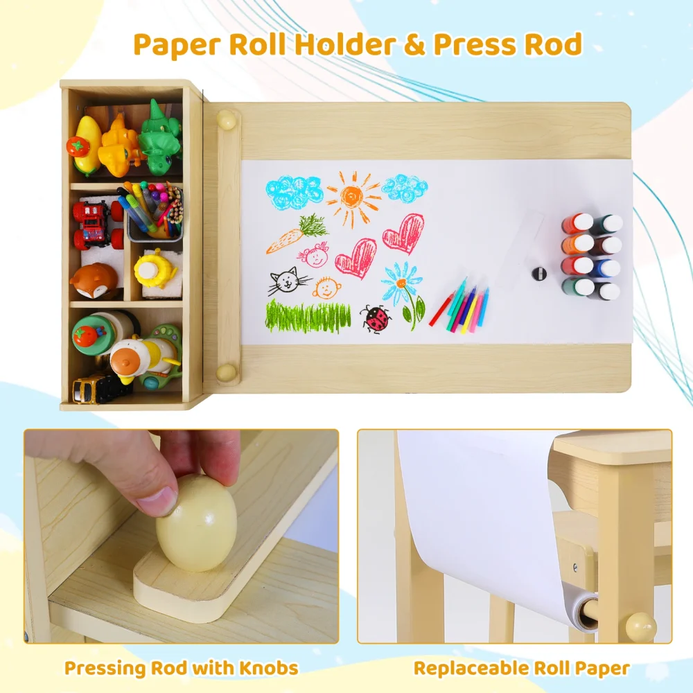 AOOU Kids Art Table and 2 Chairs, Toddler Craft Drawing Desk with Large Storage Shelves, 4 Storage Bins and Paper Roll - Image 5