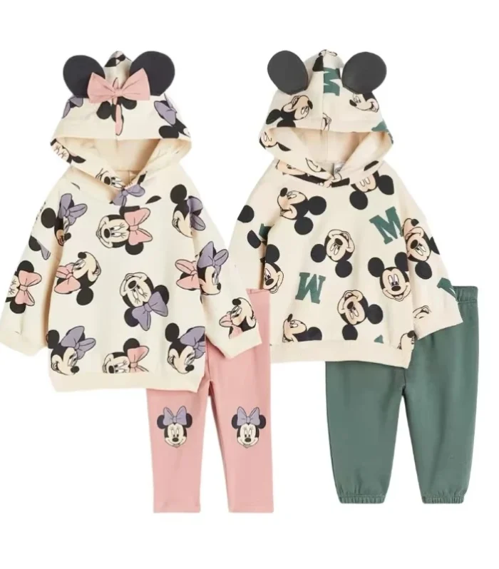 Minnie And Mickey Full Print Hooded Tops Solid Color Leggings Two-piece New Children Cartoon Sweatshirt+Pants Baby Clothes Set