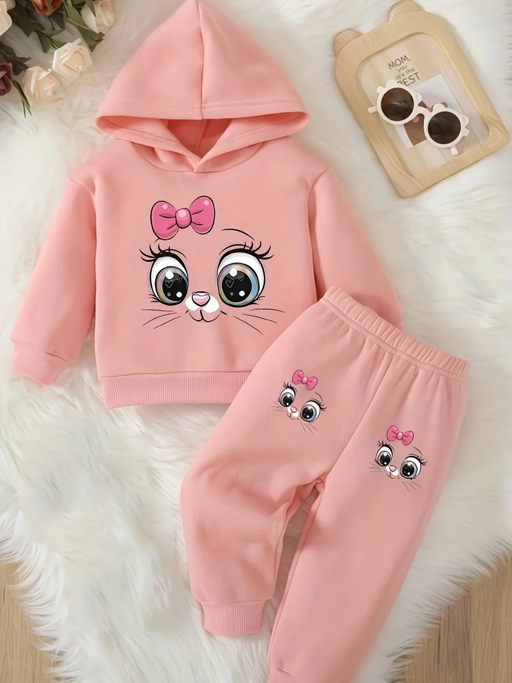 Baby girl cute cartoon cat pattern long sleeved fleece hooded sweatshirt+casual simple pants set, spring and autumn two-piece se - Image 3
