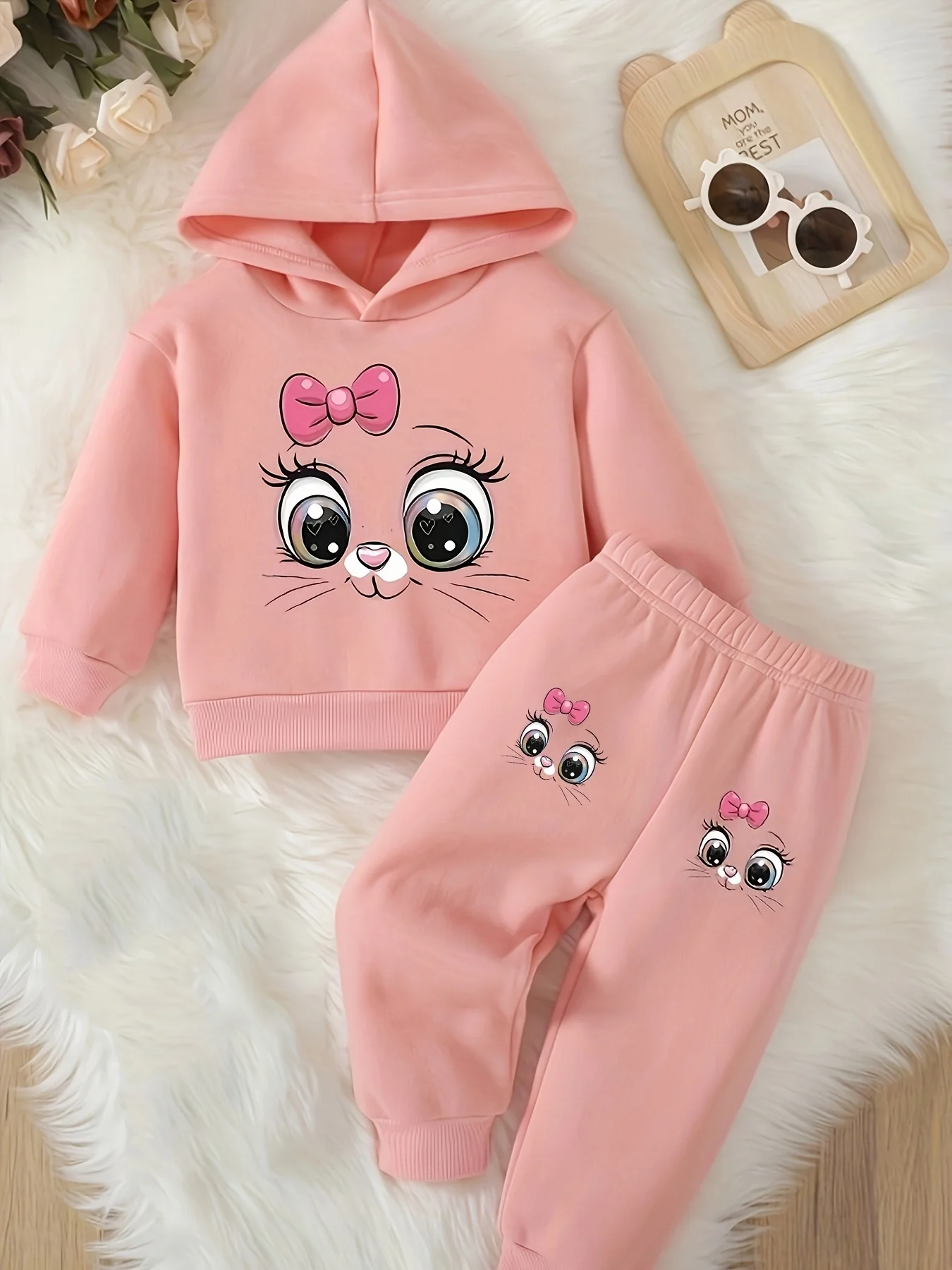 Baby girl cute cartoon cat pattern long sleeved fleece hooded sweatshirt+casual simple pants set, spring and autumn two-piece se - Image 3