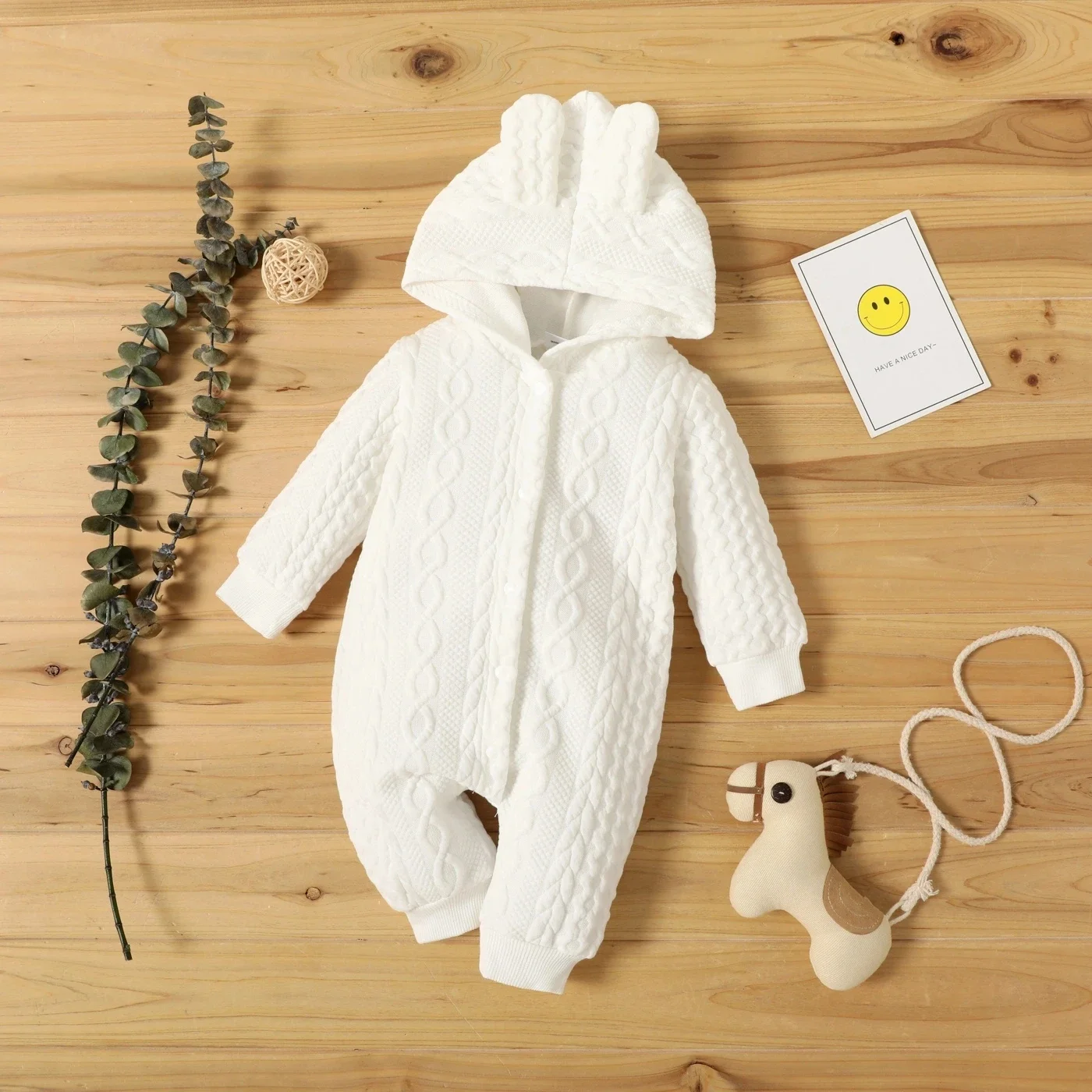 0-18 Month Newborn Baby Romper Boys Girls Cute Ears Solid Hooded Long Sleeve Baby Bodysuit Clothes Infant Autumn&Winter Costumes - Image 3