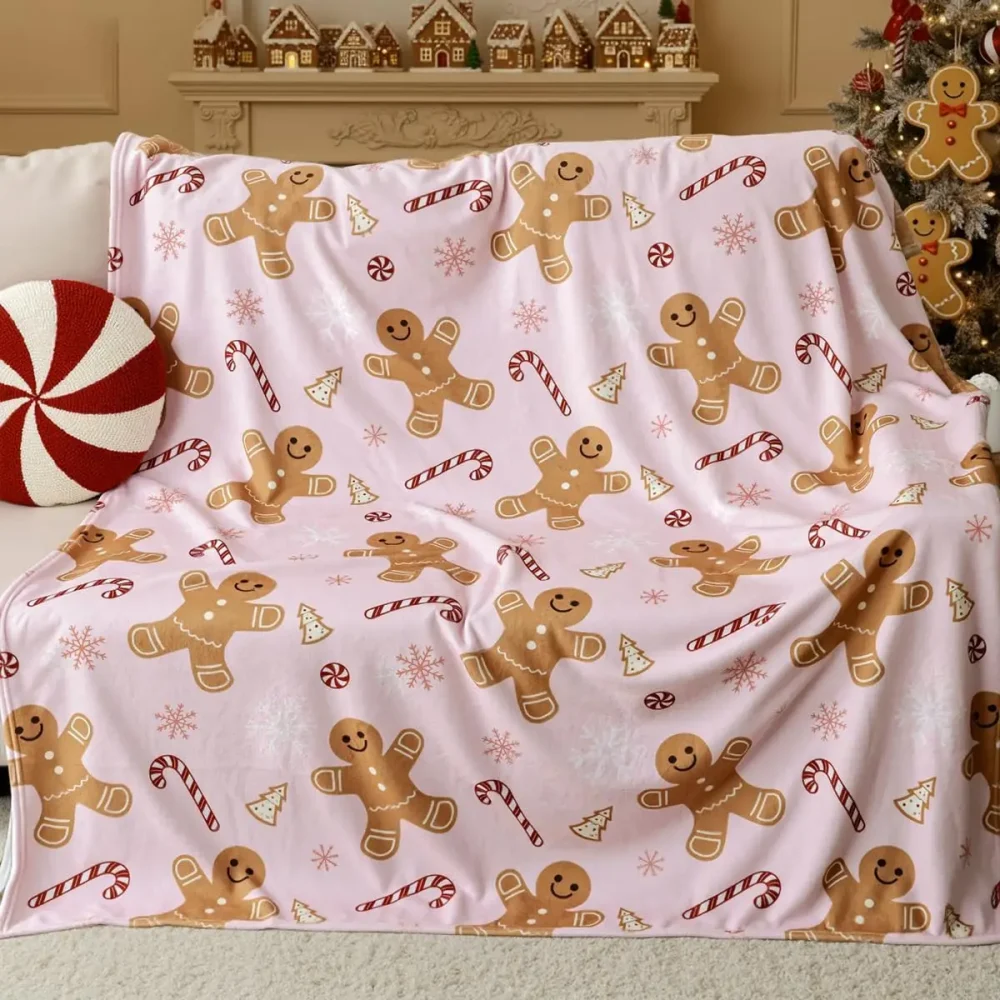 Pink Flannel Gingerbread Man Bed Blanket, Lightweight Cozy Christmas Blanket for Couch Sofa Bed Living Room Home Decor Gifts