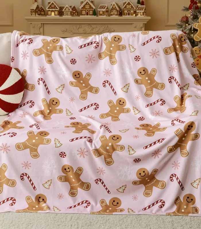 Pink Flannel Gingerbread Man Bed Blanket, Lightweight Cozy Christmas Blanket for Couch Sofa Bed Living Room Home Decor Gifts