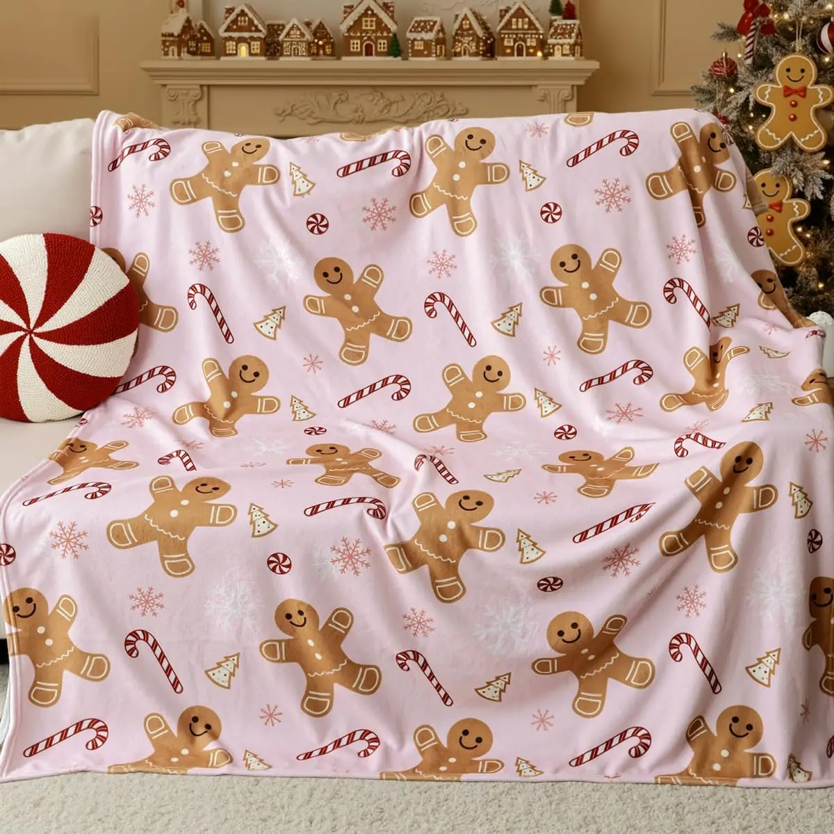 Pink Flannel Gingerbread Man Bed Blanket, Lightweight Cozy Christmas Blanket for Couch Sofa Bed Living Room Home Decor Gifts