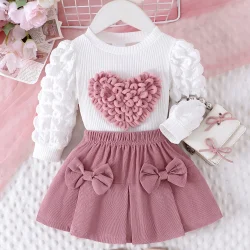 2PCS Winter New Style For 0-3 Year Old Girls, Comfortable Sweet And Cute Bubble Sleeves, Love Chapter Top + Pink Short Skirt Set