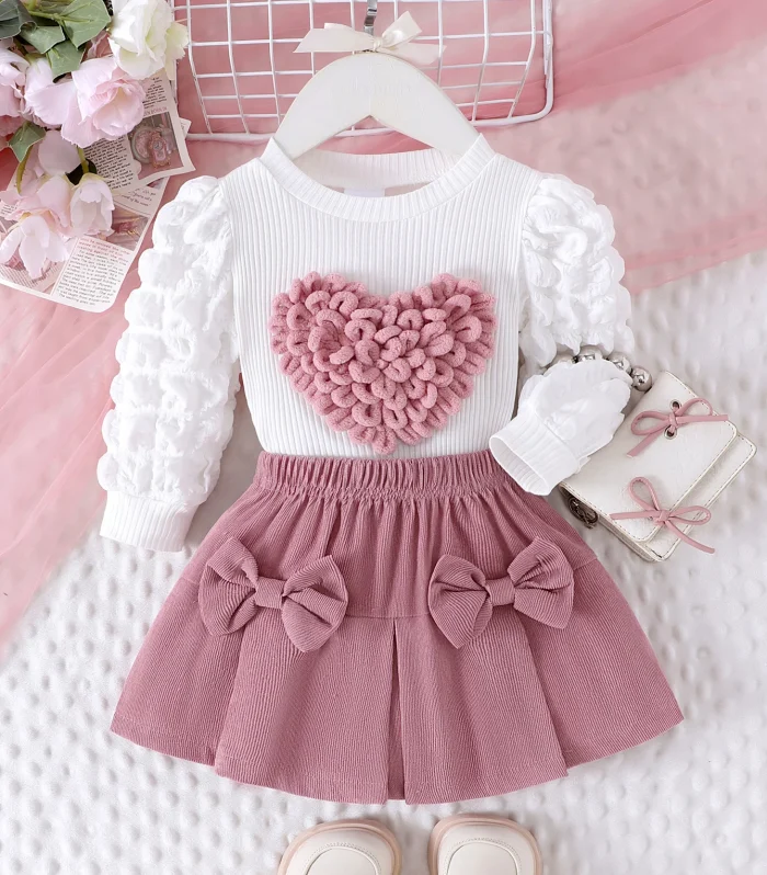 2PCS Winter New Style For 0-3 Year Old Girls, Comfortable Sweet And Cute Bubble Sleeves, Love Chapter Top + Pink Short Skirt Set
