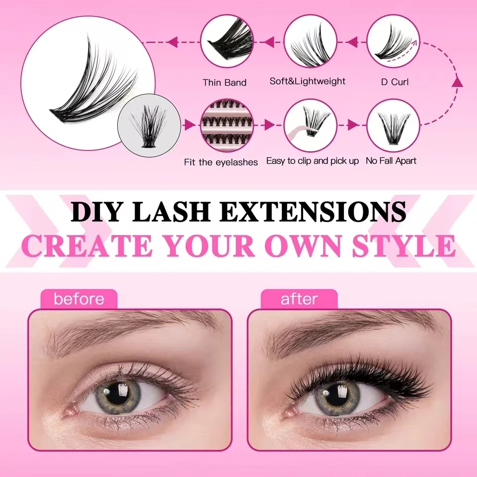 DIY Clusters Lash Kit Full Set 8-16mm Mix Bond&Seal Tweezers Lash for Self Application Makeup Individual Eyelash Extensions - Image 5
