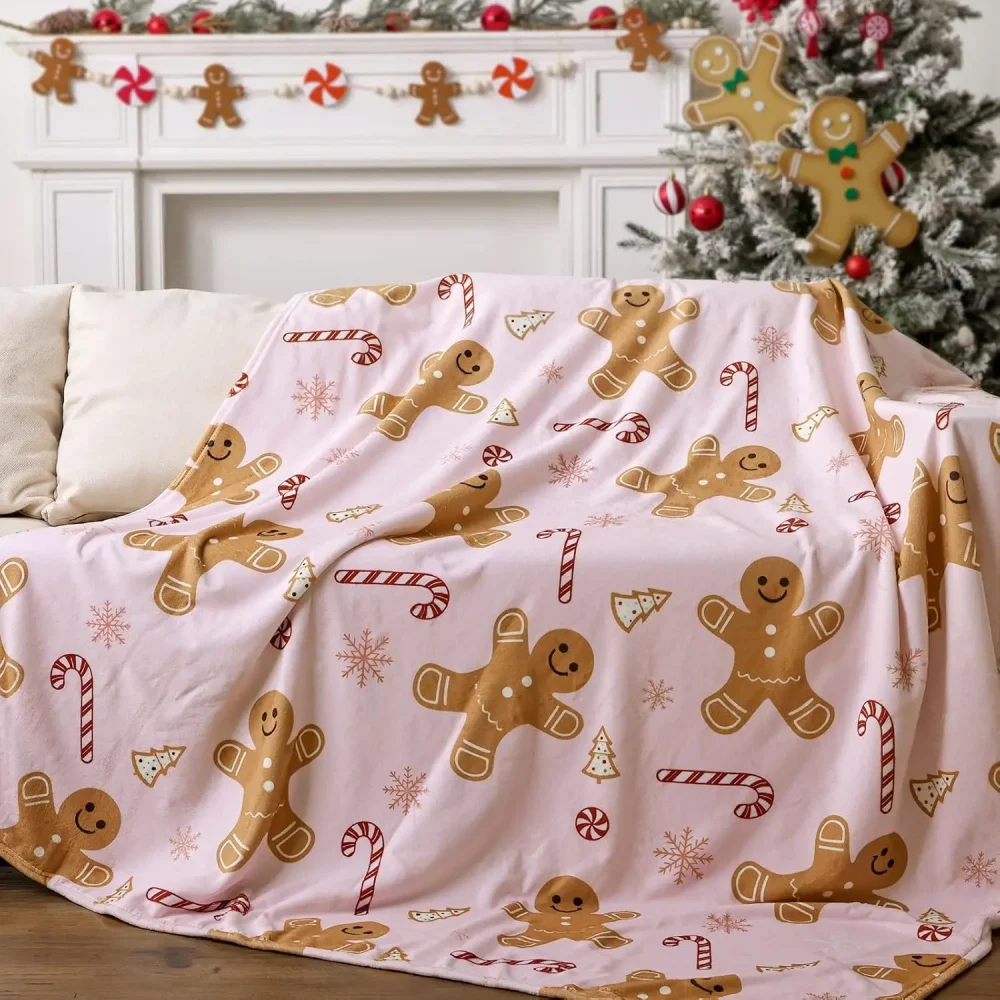 Pink Flannel Gingerbread Man Bed Blanket, Lightweight Cozy Christmas Blanket for Couch Sofa Bed Living Room Home Decor Gifts - Image 5