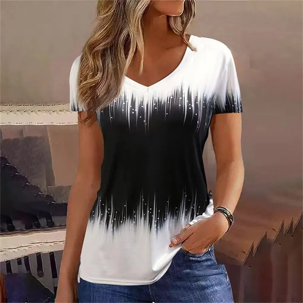 Fashion Women T Shirt Stripes Print Gradient V Neck Short Sleeve Basic Tops Streetwear Summer Oversized Clothing Female T-Shirts - Image 4