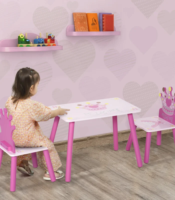 Triple Piece Collection Children's Wood Table Seat with Crown Pattern