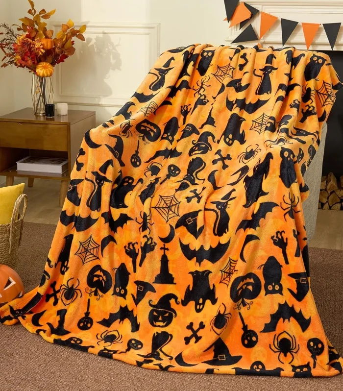 1PC Halloween Throw Blanket Black Bat Pumpkin Ghost Skull Thin Blanket Gifts for Decor Couch Bed Car Home Camping all season use