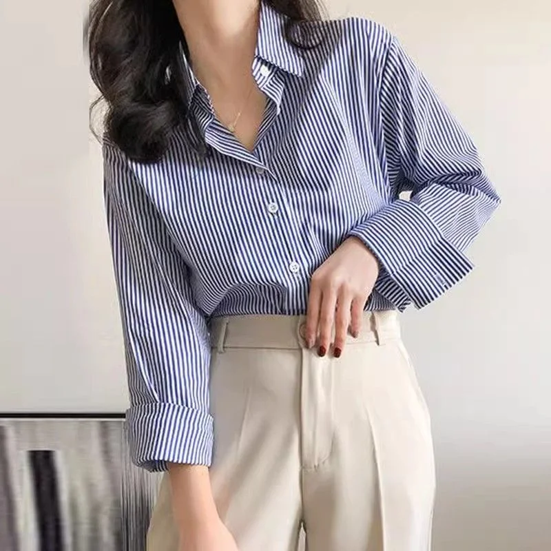 Classic Striped Woman Spring Autumn Blouses Shirt Lady Long Lantern Sleeve Stand Collar Loose Blusas Tops - Image 4