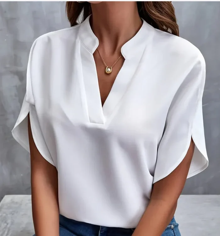 Summer Elegant Women's Blouse New V-neck Short Sleeve Solid Color Loose Shirt Casual White Tops Office Lady Blouses