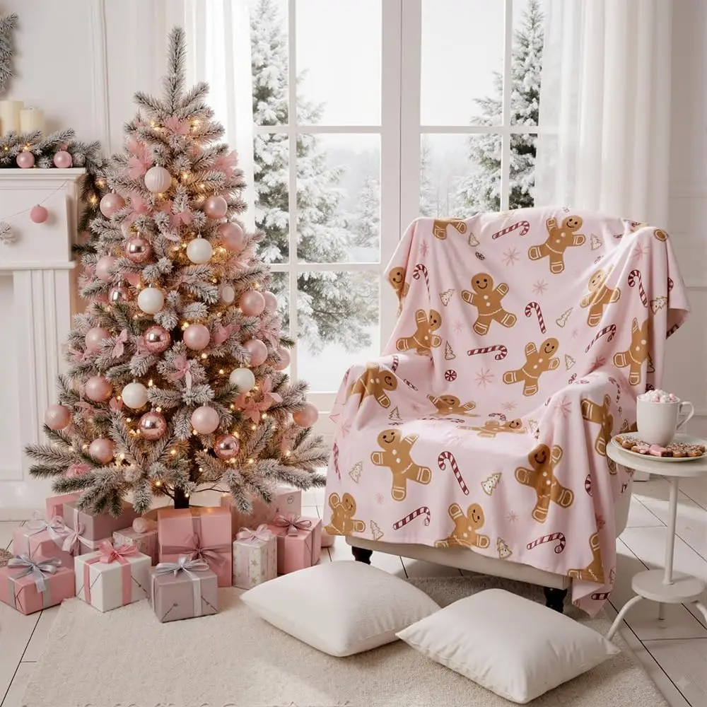 Pink Flannel Gingerbread Man Bed Blanket, Lightweight Cozy Christmas Blanket for Couch Sofa Bed Living Room Home Decor Gifts - Image 3