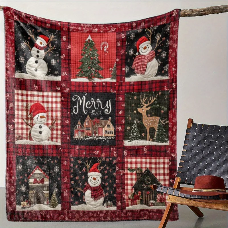 Comfortable Flannel Christmas Blanket with Checkered Snowman Ice House and Reindeer Offices and Versatile Gift for All Seasons - Image 2