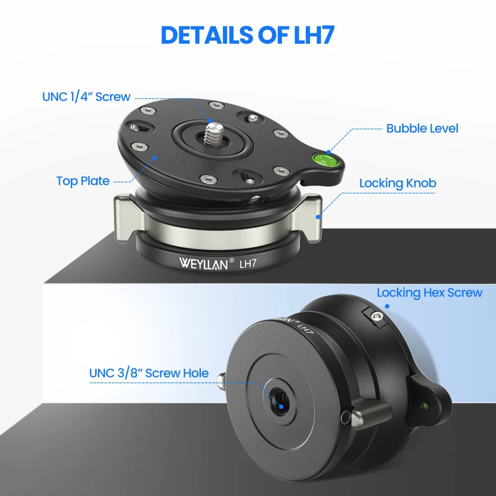 WEYLLAN LH7 Tripod Leveling Base Upgraded LH6 Twist Knob Tripod Head Base Horizontal Adjustment for Canon Nikon Sony DSLR Camera - Image 3