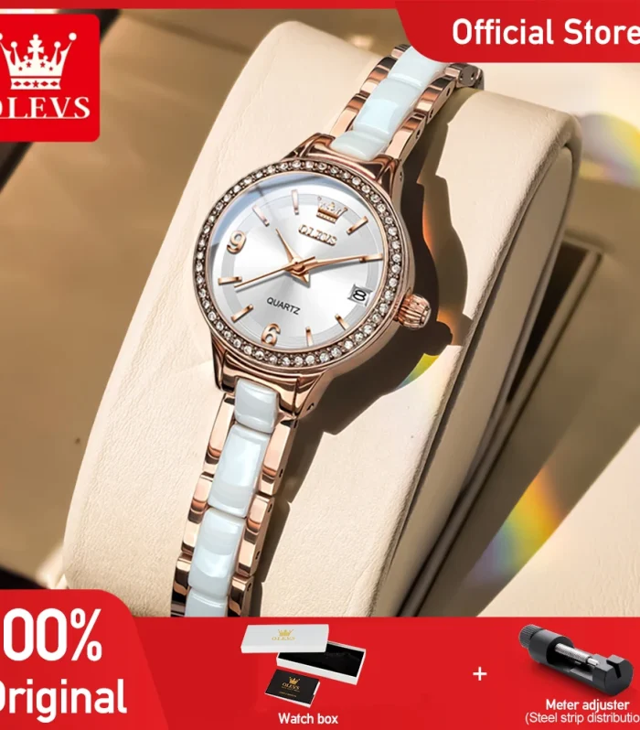 OLEVS 7093 Women Watch Elegant Original Luxury Mechanical Watch Ceramics Waterproof Watch Set Gifts Box High Quality Brand
