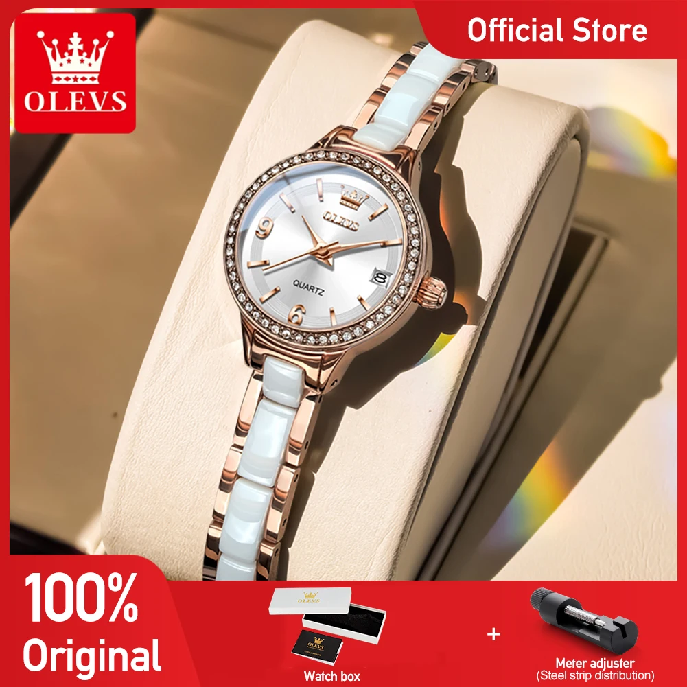 OLEVS 7093 Women Watch Elegant Original Luxury Mechanical Watch Ceramics Waterproof Watch Set Gifts Box High Quality Brand