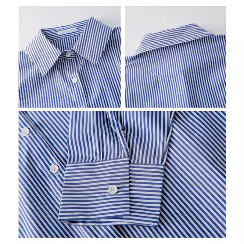 Classic Striped Woman Spring Autumn Blouses Shirt Lady Long Lantern Sleeve Stand Collar Loose Blusas Tops - Image 6