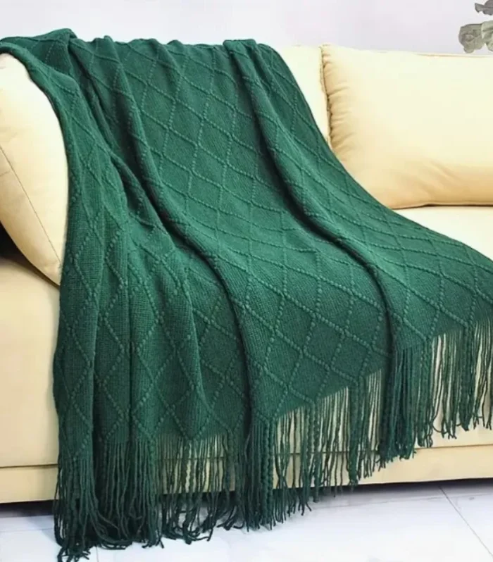 Chritmas Green Blankets Large Knitted Tassel Throw for Bed Chair Sofa Couch Cover All-Season Blanket Home Decor Soft Comfortable